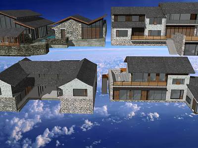 Traditional Rustic Guesthouse Architecture In Natural Surroundings With Stone Walls Gray Roofs And Wooden Elements 3d model