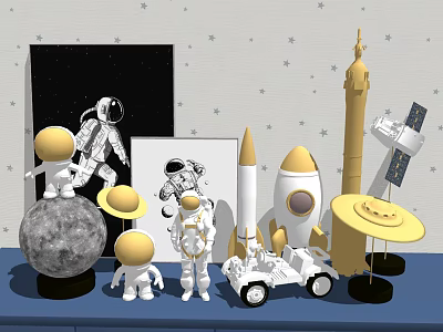 Space Themed Decorative Ornament Set with Astronaut Figures Moon Model Rocket and Satellite 3d model