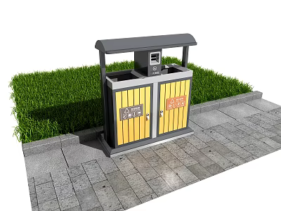 Outdoor Public Trash Bin With Yellow Doors On Stone Pavement Beside Green Grass And Signs 3d model