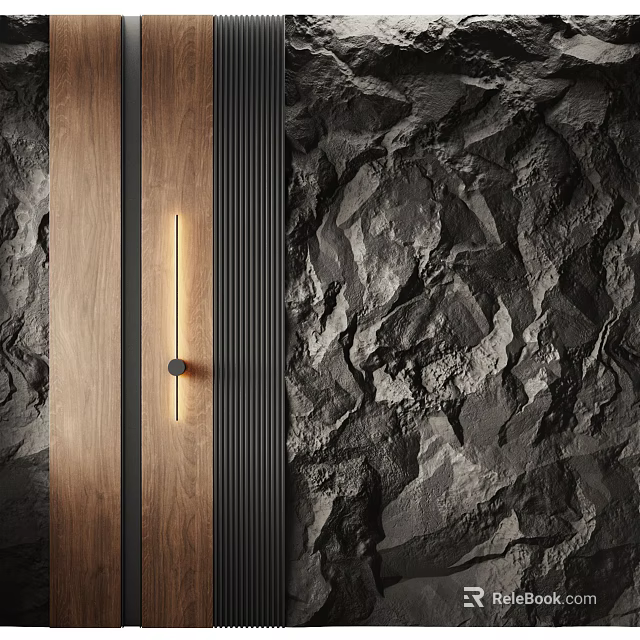 Contemporary Linear Wall Sconce with Warm Light on Wooden Stone Textured Interior Wall 3d model 