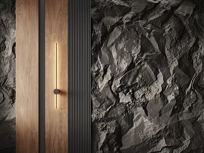 Contemporary Linear Wall Sconce with Warm Light on Wooden Stone Textured Interior Wall 3d model