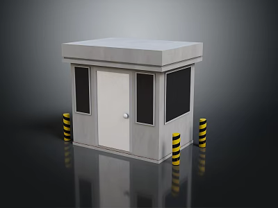 Modern Gray Security Booth With Door Windows And Yellow Black Striped Bollards 3d model