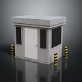 Modern Gray Security Booth With Door Windows And Yellow Black Striped Bollards