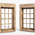 Two Vintage Rustic Textured Framed Wooden Windows With Grid Pane Design 3d model