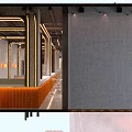 Modern Restaurant Interior With Golden Lines Red Bar Counter Booths And City View Windows