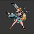 Game Movie Character With Golden Hair Turquoise Outfit And Fox Tail In Dynamic Pose