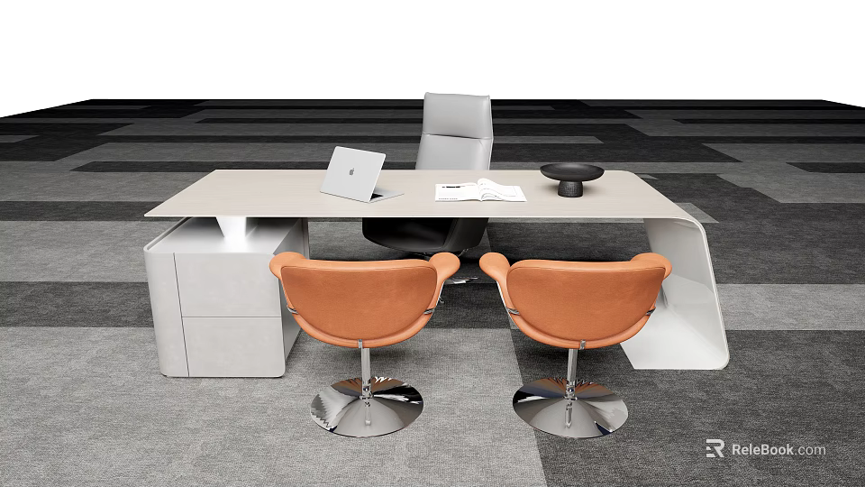 Light Beige Modern Office Desk Featuring Laptop Open Documents Gray Chair And Orange Chairs 3d model 