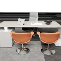 Light Beige Modern Office Desk Featuring Laptop Open Documents Gray Chair And Orange Chairs