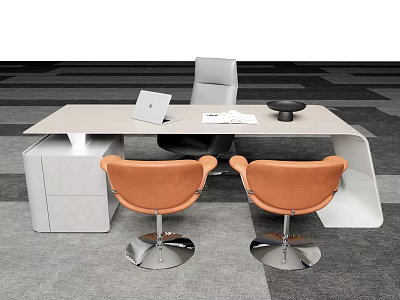Light Beige Modern Office Desk Featuring Laptop Open Documents Gray Chair And Orange Chairs 3d model