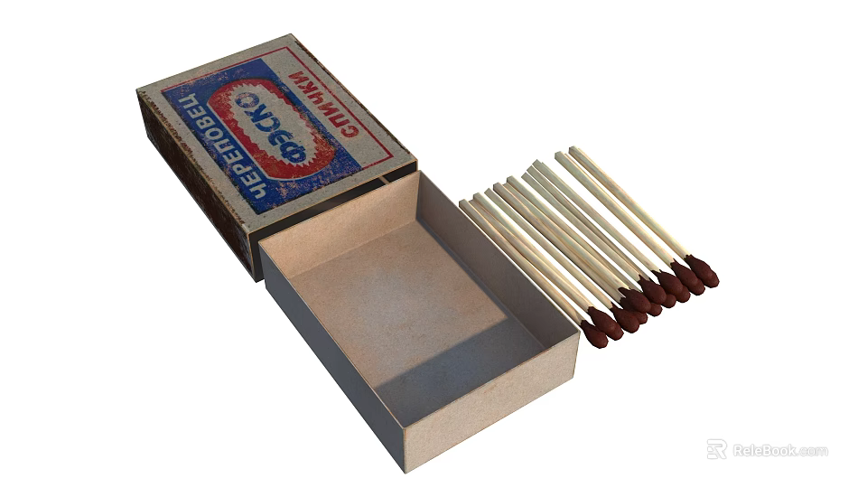 Open Vintage Matchbox With Retro Label And Brown Tipped Wooden Matches Inside 3d model 