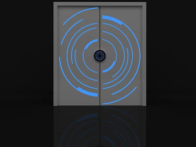 Futuristic Gray Door With Blue Circular Rings And Central Black Panel Shiny Reflection On Floor 3d model