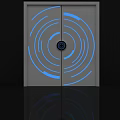 Futuristic Gray Door With Blue Circular Rings And Central Black Panel Shiny Reflection On Floor