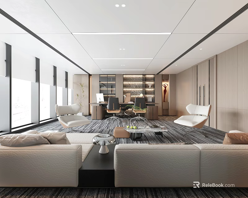 Modern Open Office Interior With Large Windows White Sofas Office Desk And Bookshelves 3d model 