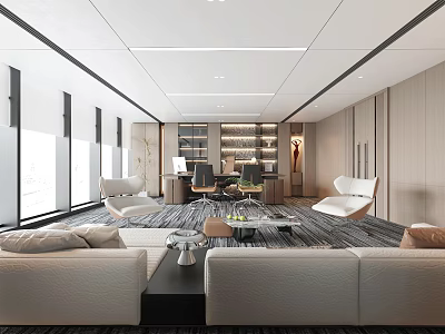 Modern Open Office Interior With Large Windows White Sofas Office Desk And Bookshelves 3d model