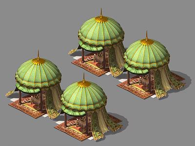 Traditional Green Dome Pavilions With Golden Tops Tassels And Patterned Carpets 3d model