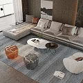 Modern Beige L shaped Sofa and Coffee Table Set with White Marble Top and Glass Stools