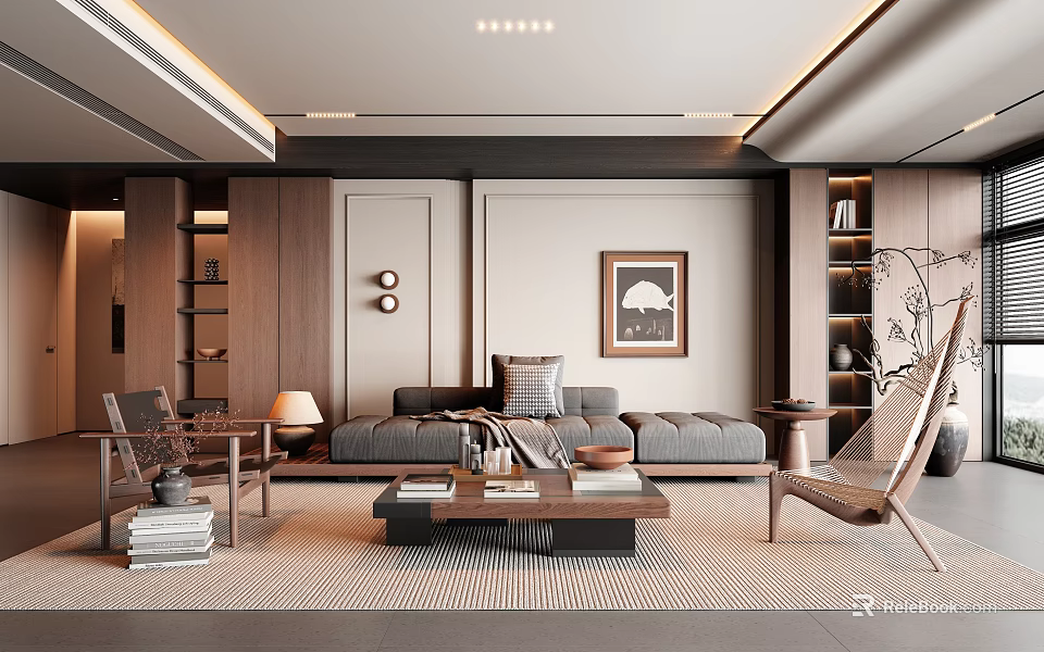 Modern Living Room Interior Design With Grey Sofa Coffee Table Wooden Shelves And Rug 3d model 