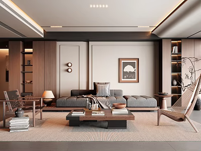 Modern Living Room Interior Design With Grey Sofa Coffee Table Wooden Shelves And Rug 3d model