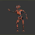 Red Mechanical Robot With Large Round Eyes And Jointed Limbs Standing In Gray Background