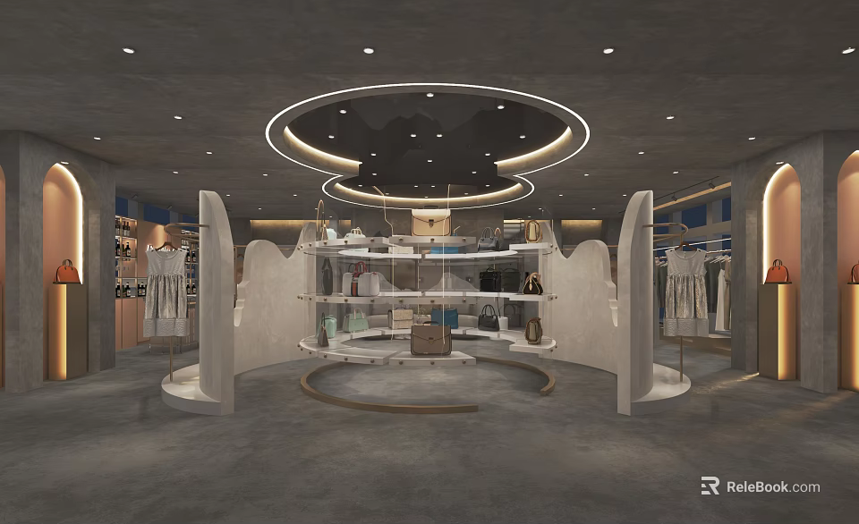 Modern Clothing Store Interior Design With Circular Layout Display Racks And Lighting 3d model 