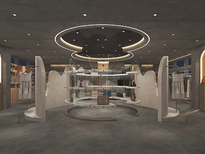 Modern Clothing Store Interior Design With Circular Layout Display Racks And Lighting 3d model