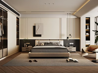 Modern Bedroom Interior Featuring Bed Wardrobe Decorative Painting Rug And Wooden Floor 3d model