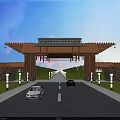 Chinese Style Entrance Gate With Traditional Roof Glass Canopy And Spacious Road