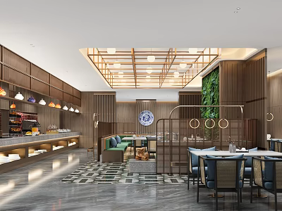 Modern Restaurant Interior With Wooden Decor Green Plant Wall Dining Tables And Hanging Lights 3d model