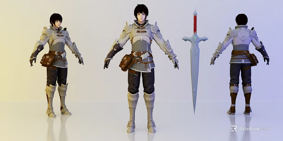 Game And Movie Character In Armored Outfit With Silver Sword And Belt Pouch 3d model 