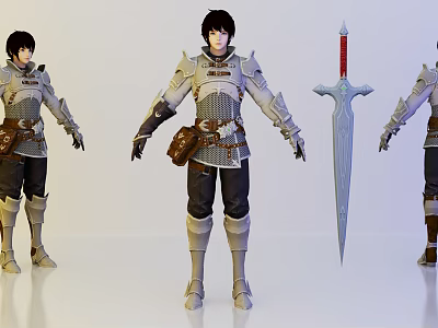 Game And Movie Character In Armored Outfit With Silver Sword And Belt Pouch 3d model