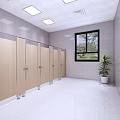 Public Restroom With White Tile Walls Long Mirror White Sinks And Potted Plants