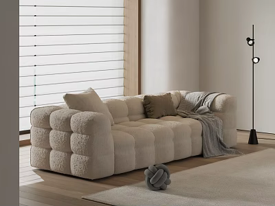 Beige Plush Double Sofa With Tufted Design Throw Pillows Blanket And Light Rug 3d model