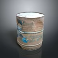 Rusted Metal Barrel With White Lid And Blue Text On Dark Background