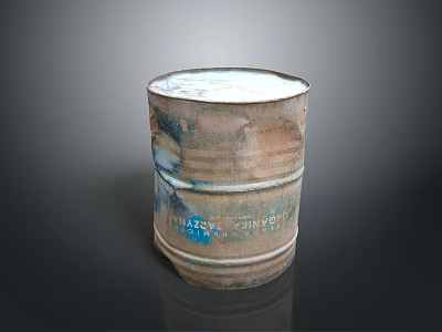Rusted Metal Barrel With White Lid And Blue Text On Dark Background 3d model