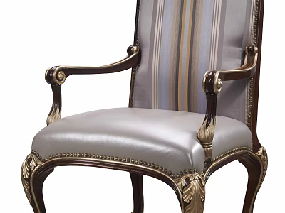 Vintage Accent Chair With Striped Backrest Leather Seat And Carved Wooden Armrests 3d model