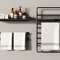 Modern Bathroom Accessories With Black Shelves Towel Racks White Towels And Toiletries