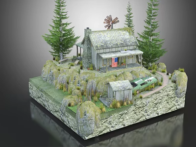Cartoon Scene Featuring Small Cottage Windmill Pine Trees American Flag Green Train Rocks and Grass 3d model