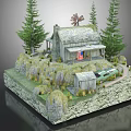 Cartoon Scene Featuring Small Cottage Windmill Pine Trees American Flag Green Train Rocks and Grass