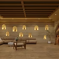 Elegant Hotel Lobby Interior With Wooden Ceiling Arched Doorway Reception Desk And Green Plant Decor