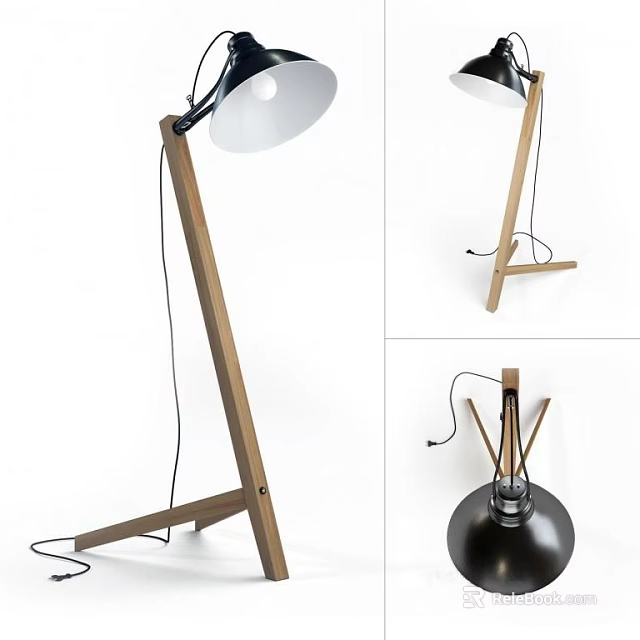 Modern Minimalist Tripod Floor Lamp With Wooden Stand And Black Metal Shade 3d model 