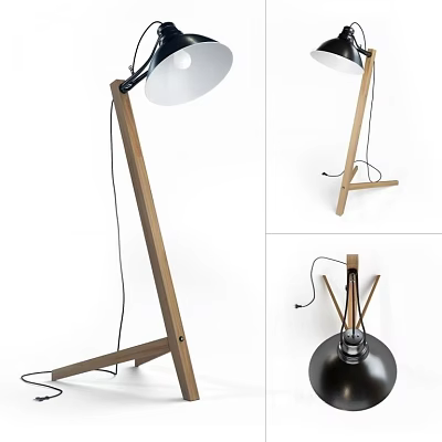 Modern Minimalist Tripod Floor Lamp With Wooden Stand And Black Metal Shade 3d model