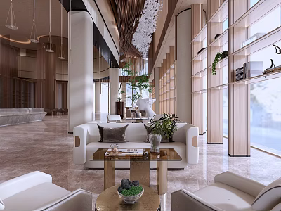 Modern Lounge Area Interior Design With White Sofa Coffee Table Green Plants And Large Windows 3d model