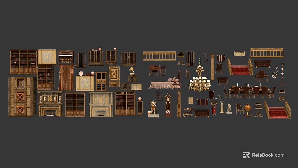 Vintage Home Furniture Collection Including Cabinets Tables Chairs Bed Chandelier Fireplace And Decorative Items 3d model 