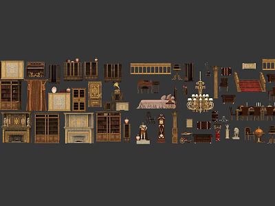 Vintage Home Furniture Collection Including Cabinets Tables Chairs Bed Chandelier Fireplace And Decorative Items 3d model