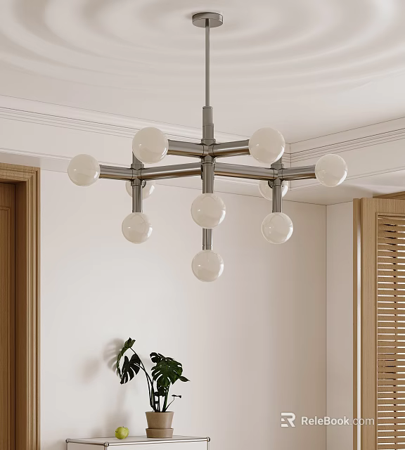 Modern Spherical Chandelier In Room With White Walls Wooden Elements Metal Frame And Green Plant 3d model 