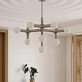 Modern Spherical Chandelier In Room With White Walls Wooden Elements Metal Frame And Green Plant