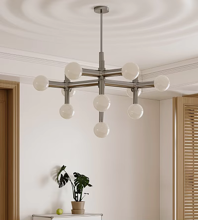 Modern Spherical Chandelier In Room With White Walls Wooden Elements Metal Frame And Green Plant 3d model