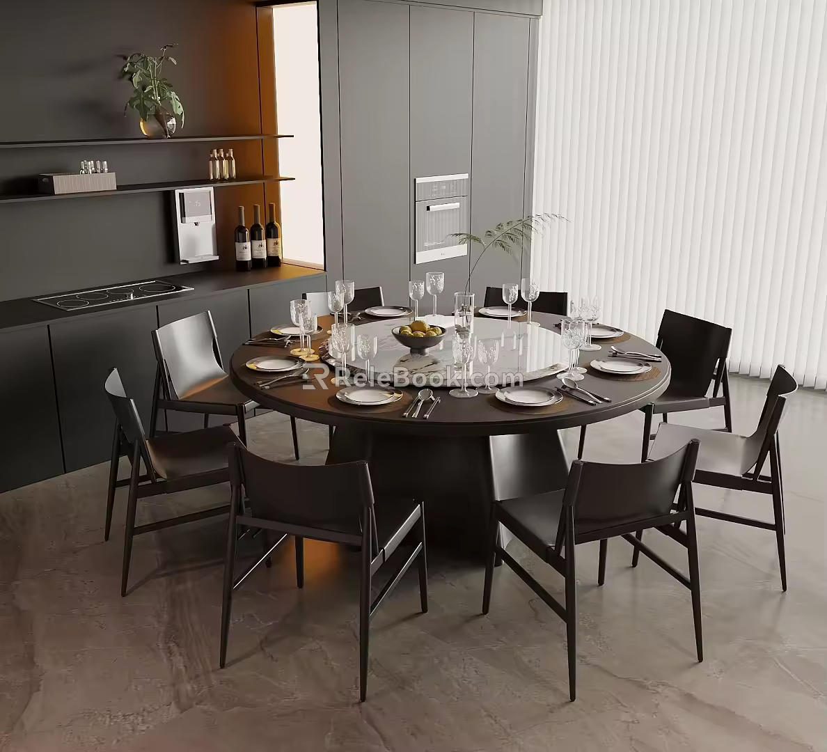 Modern Round Dining Table and Chair Combination Dark Style Dining Table and Chair Embedded Oven Water Dispenser 3d model