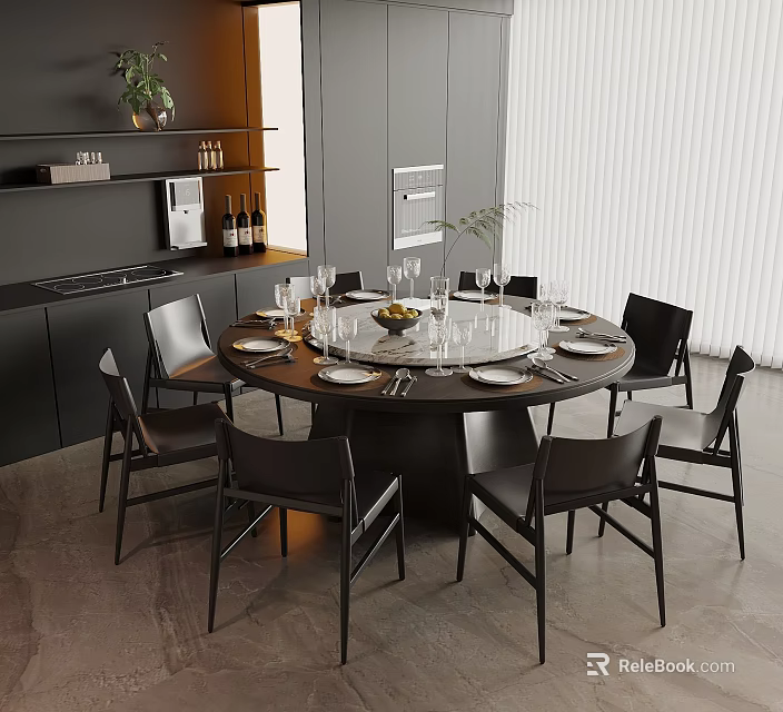 Elegant Modern Round Dining Table With Black Chairs Tableware And Wine Glasses In Open Kitchen 3d model 