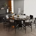 Modern Round Dining Table and Chair Combination Dark Style Dining Table and Chair Embedded Oven Water Dispenser 3d model